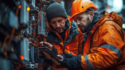 Obraz premium Technicians Working on Electrical Equipment in Rainy Weather