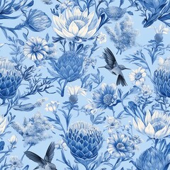 
Protea flowers and hummingbirds. Seamless Toile de Jouy style pattern in blues and shades on a white background. 