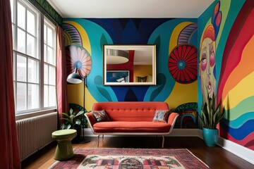Eclectic Interior Design Featuring Retro Couch by Large Window with Vibrant Mural Walls
