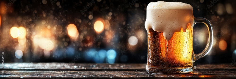 Poster A frothy beer mug overflowing with foam sits on a rustic wooden table in a cozy, dimly lit pub environment. Generative AI