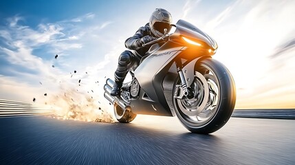 Naklejka premium Unique generative AI rendering of a futuristic superbike tearing through the circuit, pushing the boundaries of speed and innovation.
