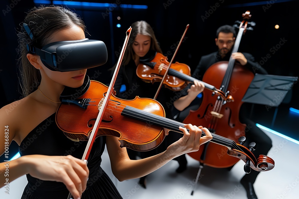 Poster digital 3d string quartet, where users can interact with the violin, viola, cello, and double bass i