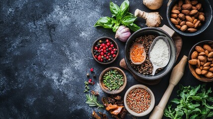 Fototapeta premium Assorted Spices, Nuts, and Seeds on Dark Background