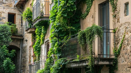 Fototapeta premium Ivy-Covered Balconies in Historic European Architecture