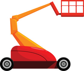 Red and yellow telescopic boom lift with empty operator platform standing on a white background