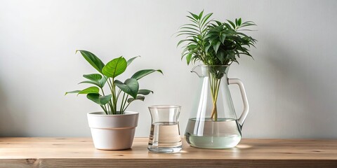 A simple yet elegant arrangement of greenery, a glass of water, and a white pot, all placed on a wooden table, showcasing the beauty of nature's simplicity