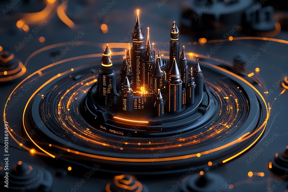 Poster digital fortress under magical protection, with glowing lines of code swirling in the air, forming p