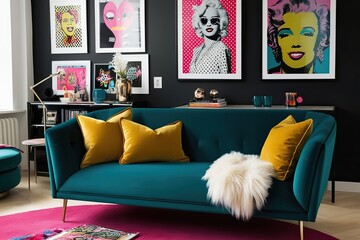 Teal Chaise Lounge with Mustard Cushions Fluffy Blanket in Trendy Apartment Decor Black Wall Pop Art Decor