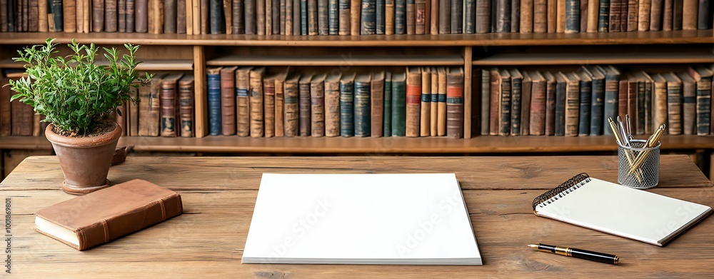Poster A minimalist notepad and writing tools on a rustic wooden table surrounded by books, capturing a serene workspace ideal for creativity and focus.