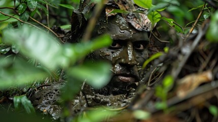Fototapeta premium Wild Man Covered in Mud and Leaves in Nature