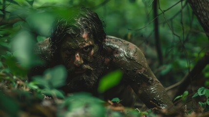 Obraz premium Wild Man Covered in Mud and Leaves Emerging from Jungle