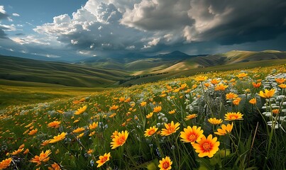 Fototapeta premium Rolling Hills with Wildflowers Under Dramatic Stormy Sky