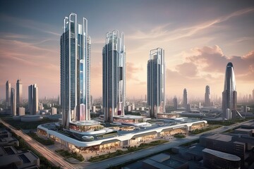 Fototapeta premium Futuristic Urban Architecture High Rise Shopping Center and Complex Design