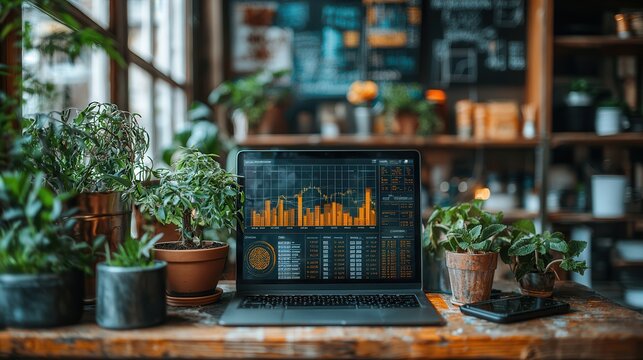 Data Analytics on Laptop in Cozy Cafe Setting