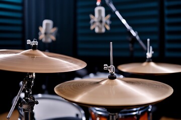 Obraz premium Drum set in a recording studio, capturing the arrangement of cymbals, snare, and bass drum, with microphones set up for recording