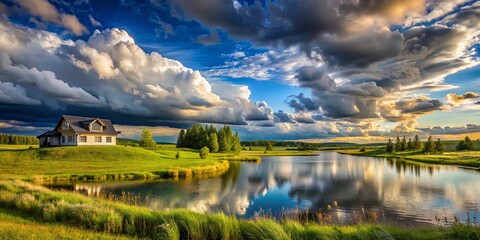 Fototapeta premium A serene landscape featuring a tranquil lake reflecting the sky, adorned with lush greenery and a charming house nestled amidst rolling hills
