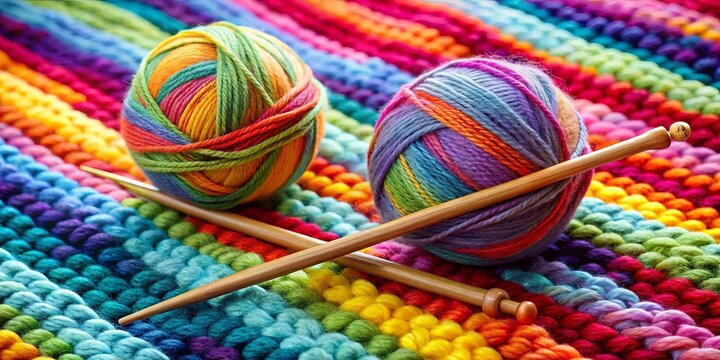 Colorful yarn balls and knitting needles on a rainbow striped knitted surface.