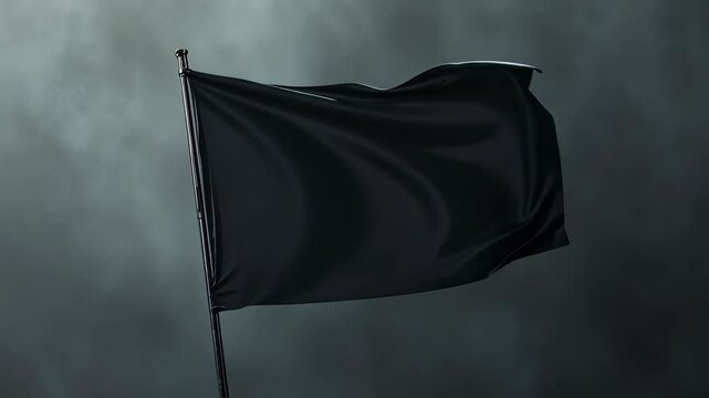 A black flag waves in the wind against a cloudy sky