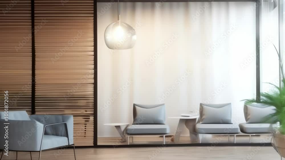 Aufkleber The sun is shining through the large windows in this modern office waiting area. Creating a bright and welcoming atmosphere. The space is furnished with comfortable chairs and a stylish coffee table