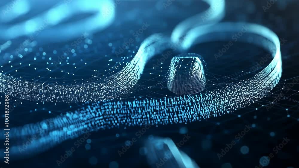 Aufkleber a digital blue swirl of data floats over a dark background, creating an abstract design