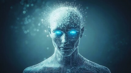Futuristic concept of artificial intelligence as a humanlike figure with glowing digital eyes and circuit patterns on their skin, symbolizing the merging of human and machine intelligence.