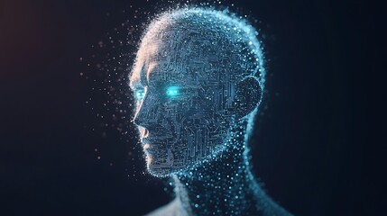 Futuristic concept of artificial intelligence as a humanlike figure with glowing digital eyes and circuit patterns on their skin, symbolizing the merging of human and machine intelligence.