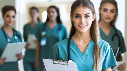 Portrait of a smiling female nursing student, with long hair tied back in a ponytail, standing next to her colleagues in the hallway of a busy hospital