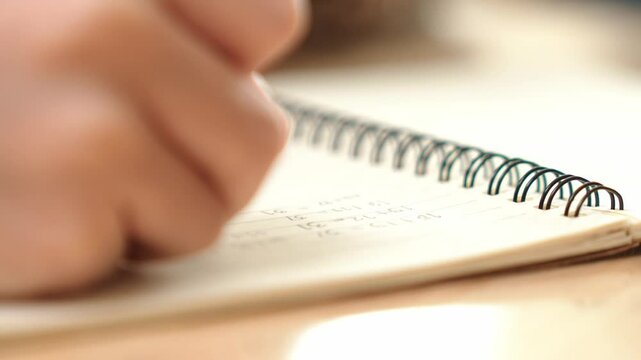 Close up of child hand taking a note or writing a letter at classroom. Happy student hands hold pen at book or doing homework or doing test at elementary school. Focus on hand. Education. Pedagogy.