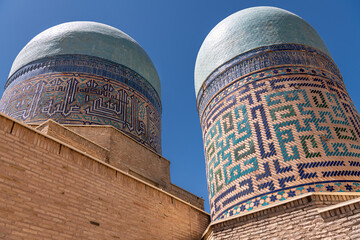 Beautiful turquoise domes of mausoleums of Shahi Zinda, Samarkand, Uzbekistan.