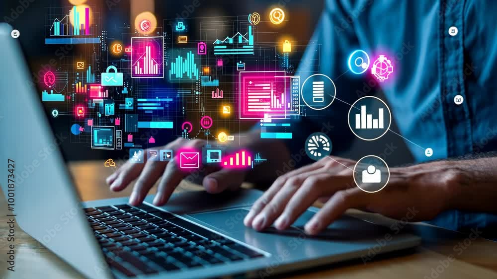 Poster a person is working on a laptop, with digital data and analytics icons displayed around them