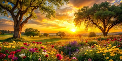 A vibrant field of wildflowers bursts with color as the sun sets behind the horizon, casting a golden glow over the landscape.