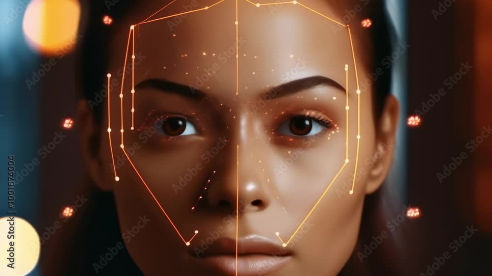 Poster biometric facial recognition software scanning a woman's face, creating a digital map of her feature