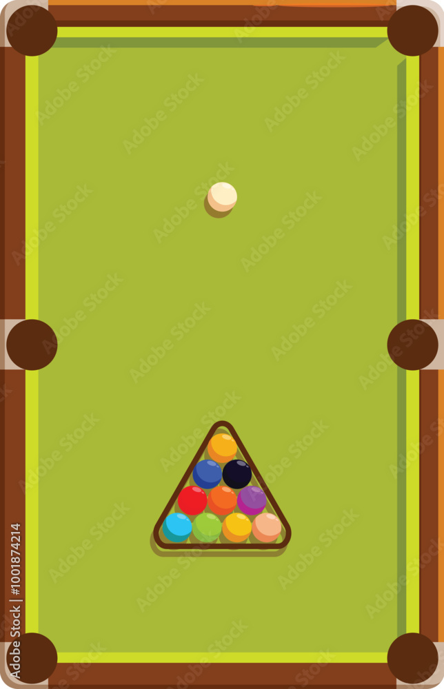 Poster green pool table with balls set up in triangle, ready for playing billiard game