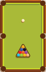 Green pool table with balls set up in triangle, ready for playing billiard game