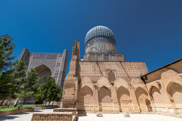 Front view of the madrassah of Bibi-Khanym Mosque in Samarkand, Uzbekistan