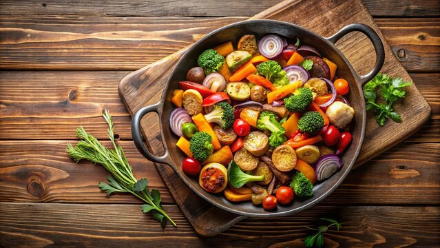 A Cast Iron Skillet Overflowing with a Colorful Medley of Roasted Vegetables, Perfectly Prepared for a Healthy and Flavorful Meal