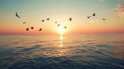 Flock of Birds Flying Over Calm Water at Sunset