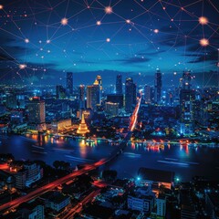 Obraz premium Nighttime Cityscape with Illuminated Buildings and a River