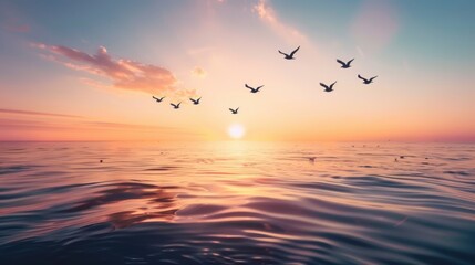 Obraz premium Peaceful Sunset with Birds Flying in Formation