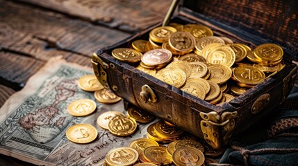 Gold Coins Spilling from Treasure Chest on Wooden Surface