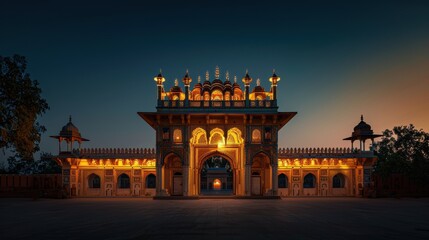 Naklejka premium Illuminated Golden Gates of an Ancient Palace at Dusk