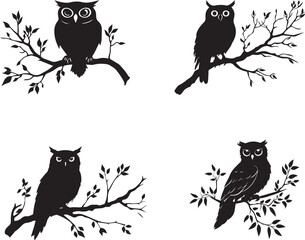 Obraz premium Silhouette of an owl perched on a branch, happy halloween vector