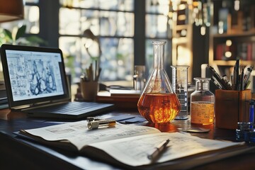 A vintage laboratory workspace with a laptop, beakers, and an open book. The scene is bathed in warm, natural light.