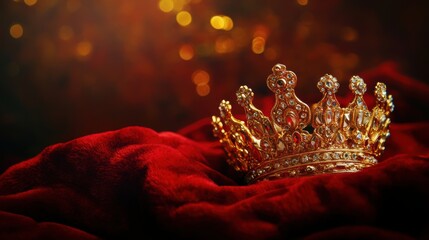 Ornate Golden Crown on Red Velvet Pillow