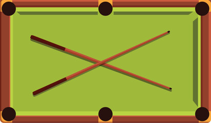 Two cues are lying crossed on the green baize of a pool table, ready for a game