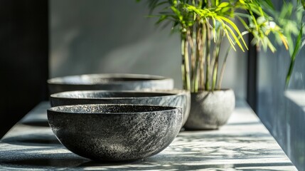 Modern ceramic bowls with green plant in minimalist setting