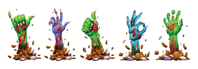 Set of zombie hands with torn skin, emerging from the ground in eerie gestures. Vector cartoon illustration