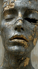 Close-up of a weathered, golden sculpture.