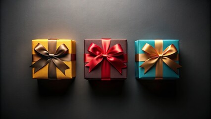 A trio of wrapped gifts in festive colors, each tied with a ribbon, presented against a dark backdrop