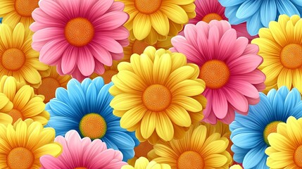 Obraz premium A vibrant floral tapestry of pink, yellow, and blue blossoms, showcasing the beauty and diversity of nature's artistry